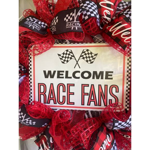 Welcome Race Fans Wreath | Racing Decor | Black, Red & White Checkered Flag - Picture 2 of 8